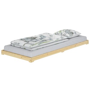 Extra niedriges Futonbett 100x200 aus Kiefer Massivholz mit Rollrost und Bettwäsche.