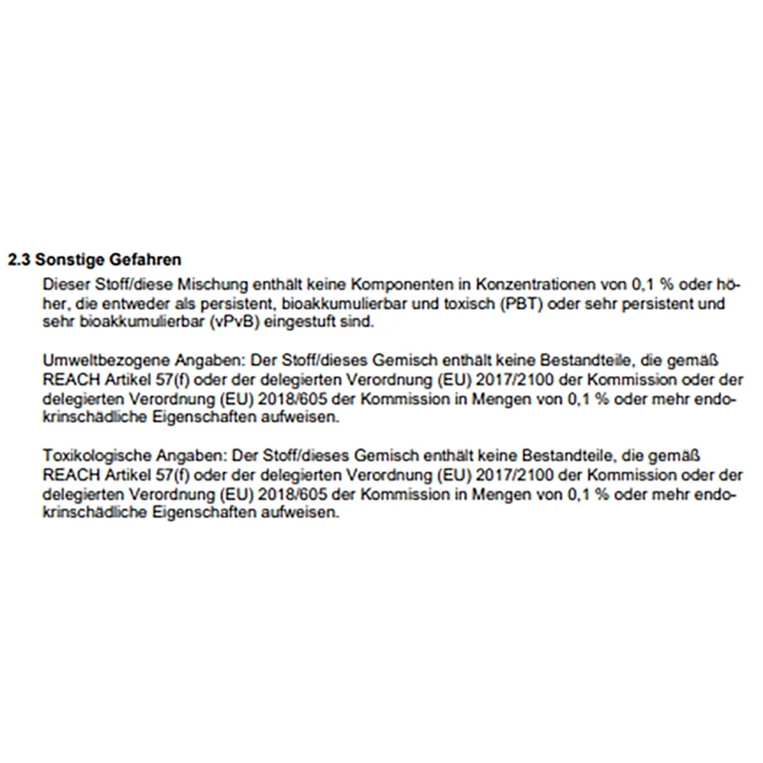 Sicherheitsdatenblatt-Ausschnitt: Hinweise zu Inhaltsstoffen und Umweltgefahren.