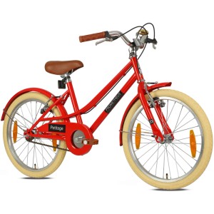 Rotes PROMETHEUS Kinderfahrrad 20 Zoll im Retro-Look mit Ständer und Felgenbremse.