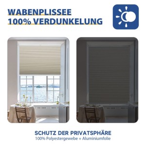Beiges Sekey Wabenplissee, verdunkelnd, 80x120cm, mit Montage am Fenster. Tag- und Nachtansicht.