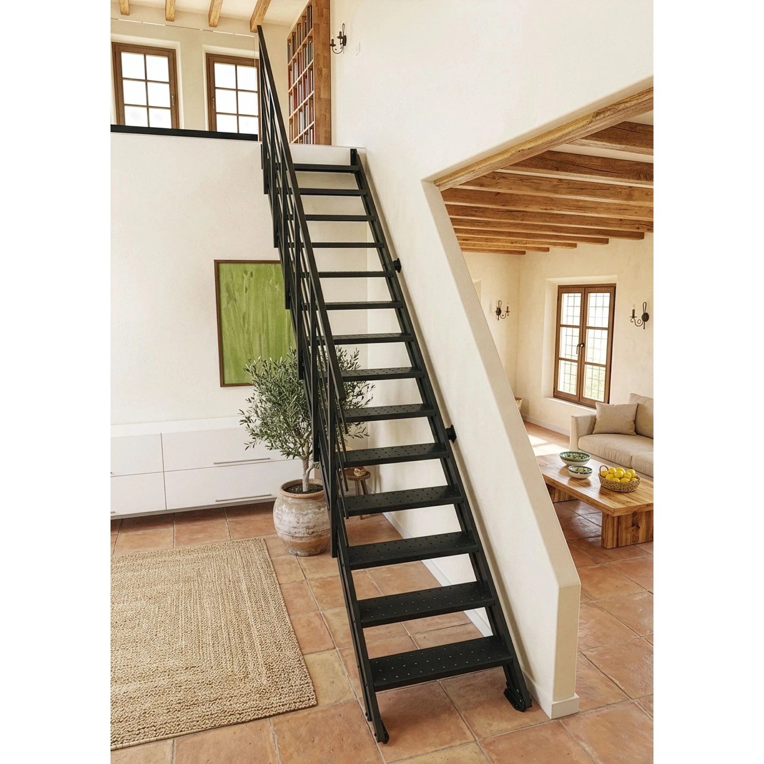 Minka Raumspartreppe Flex Schwarz mit 14 Stufen aus mattem Stahl in modernem Wohnraum. Ideal für Galerien.