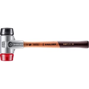 Halder Simplex Schonhammer 50 mm: schwarzer Gummi, roter Kunststoff, Aluminiumgehäuse, Holzstiel.