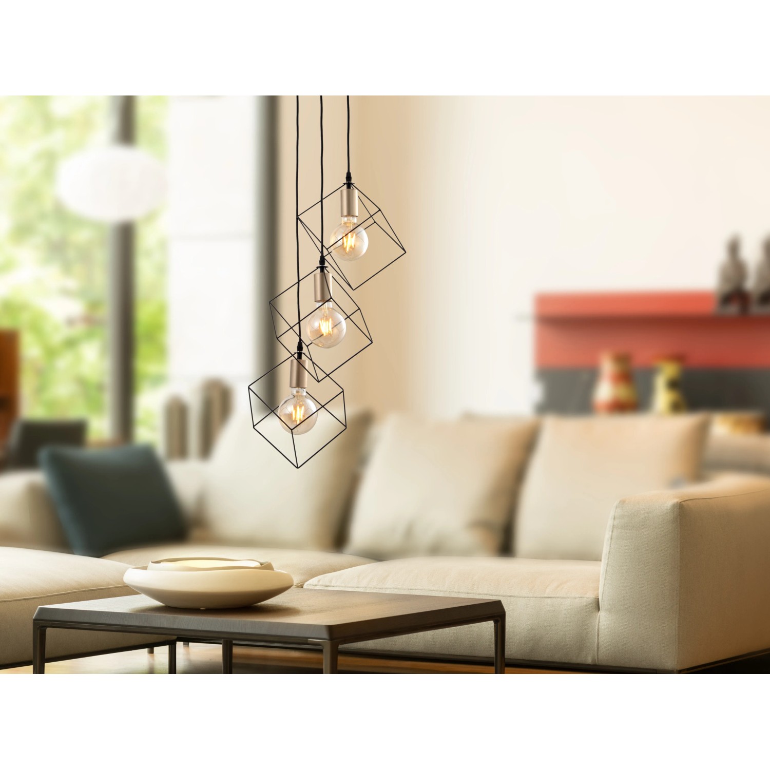 Moderne Näve Pendelleuchte Canto, 3-flammig, mit würfelförmigen Lampenschirmen im Industrial Style.