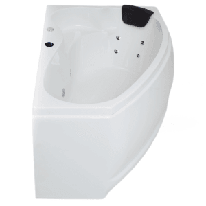 Eck-Whirlpool Badewanne Formentera rechts, 160x90 cm, weiß mit Kopfstütze und Massagedüsen.