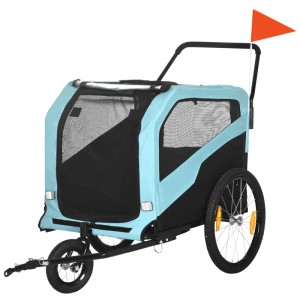 PawHut Hundeanhänger blau-schwarz aus Stahl mit Netzfenstern, Sicherheitsfahne und Reflektoren. 2-in-1 Fahrradanhänger & Hundewagen.
