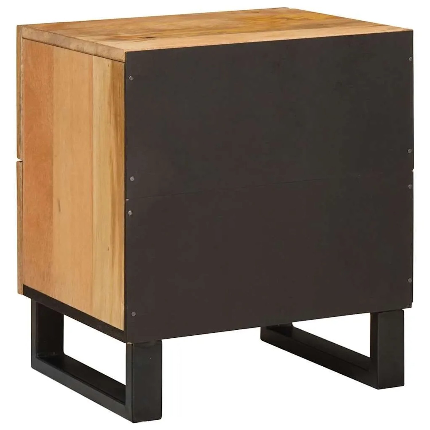 vidaXL Nachttisch aus Natur Massivholz Mango, rechteckig, mit dunkler Rückwand und schwarzen Metallbeinen. 2 Schubladen.