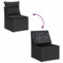 Schwarze vidaXL Garten-Sofagarnitur aus Rattan mit Kissen und Stauraum unter der Sitzfläche.