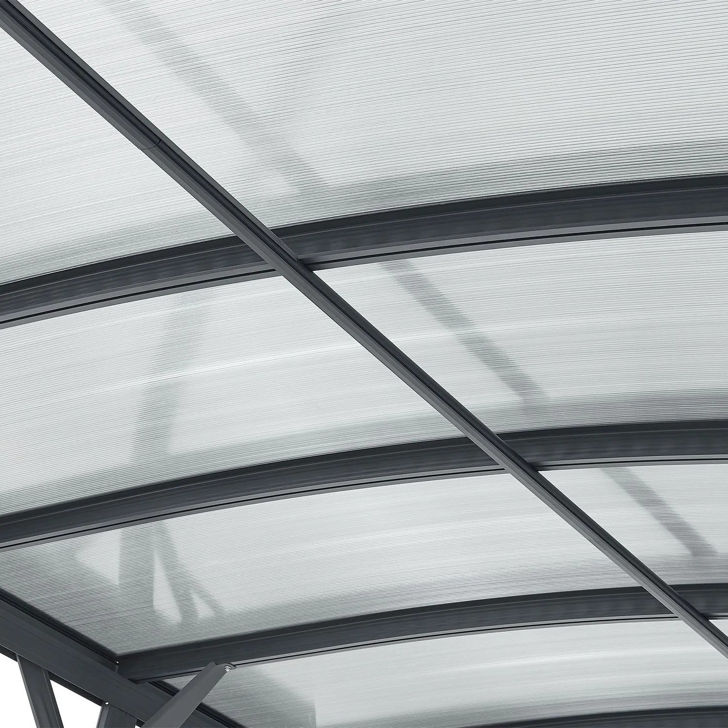 Detailaufnahme: Dunkelgrauer Juskys Carport mit Bogendach und lichtdurchlässigen Polycarbonatplatten.