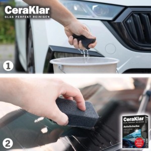 abrazo CeraKlar Autoscheiben Schwamm, 2er-Pack. Anwendung auf Auto und Scheibe dargestellt.