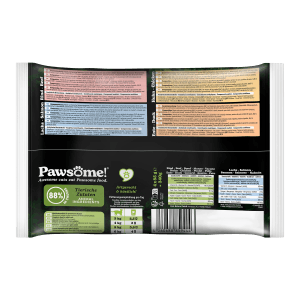 Pawsome Katzen-Nassfutter 4er Pack, verschiedene Sorten wie Rind, Lachs, Huhn und Ente.