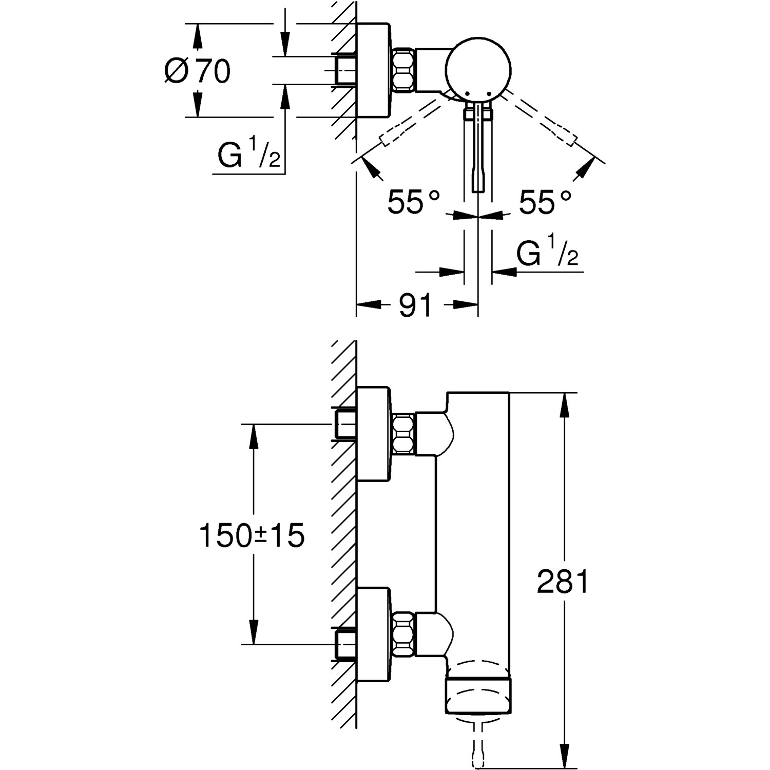 Technische Zeichnung der Grohe Essence Einhand-Duscharmatur mit Maßangaben.