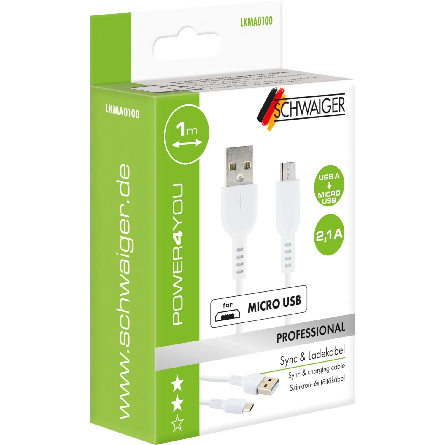 Schwaiger USB-A auf Micro-USB Kabel, weiß, zum Laden und Synchronisieren von Geräten.