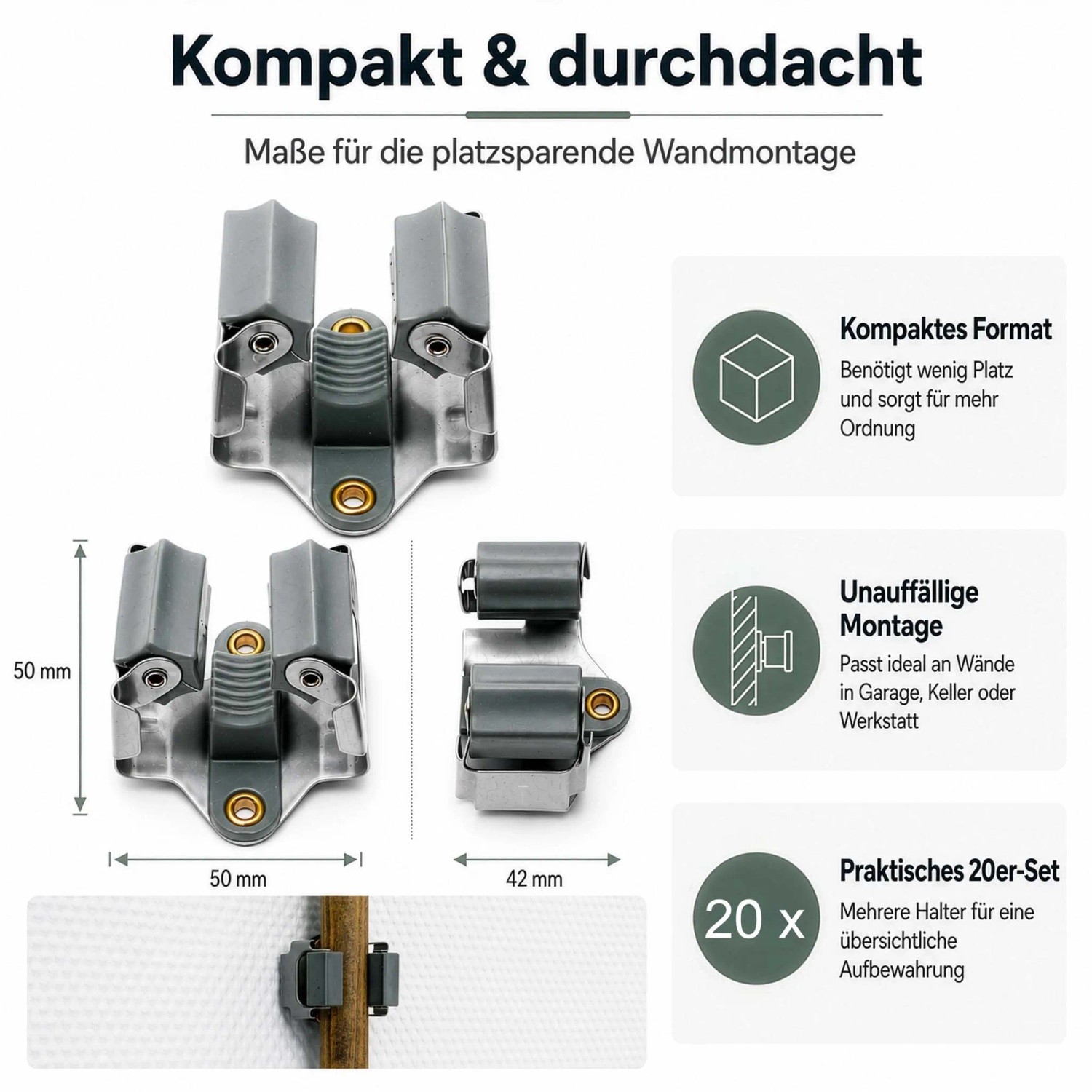Wiltec Stahl Gerätehalter, 20er Set, für Besen und Werkzeuge. Graue Klemmhalterung mit Maßen, an Wand montiert.