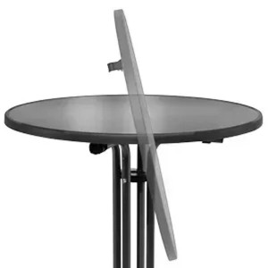 Schwarzer runder Beautissu Bellini Stehtisch, klappbar, mit hochgeklappter Tischplatte. Ideal für Indoor & Outdoor.