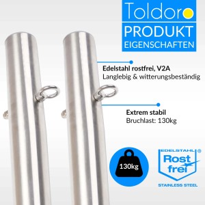Detailaufnahme: Zwei Edelstahlmasten mit Ösen für Toldoro Hängematte. Robust und wetterfest.