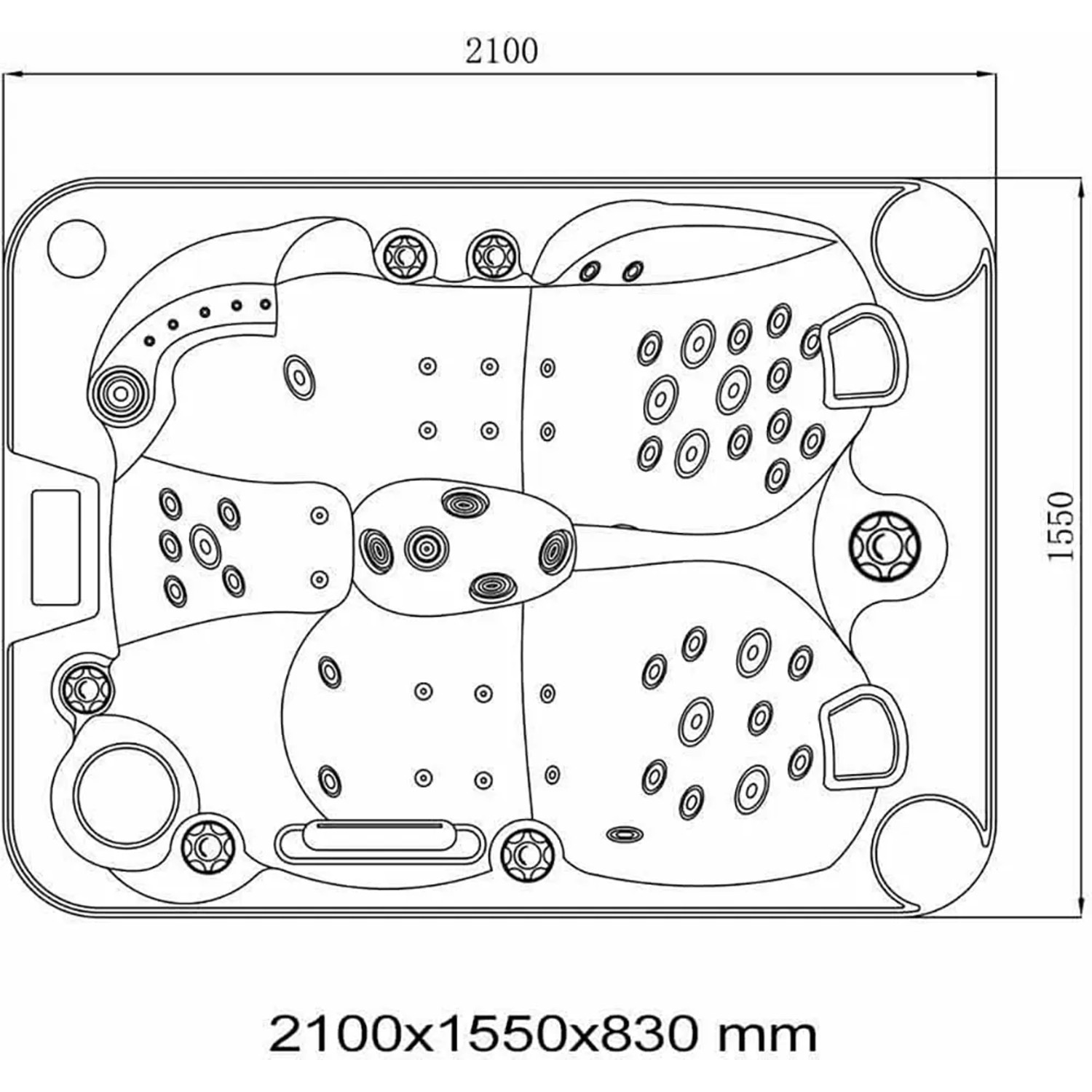 Draufsicht Home Deluxe Outdoor Whirlpool Beach Plus, Maße 210x155x83cm, für 2 Personen.