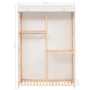 Weißer Kleiderschrank mit 3 Ebenen, Holzrahmen und Stoffbezug. Ideal zur Aufbewahrung von Kleidung.