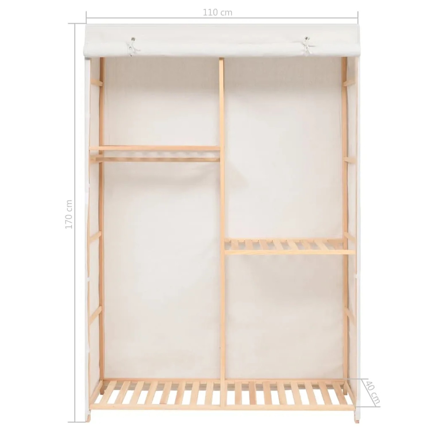 Weißer Kleiderschrank mit 3 Ebenen, Holzrahmen und Stoffbezug. Ideal zur Aufbewahrung von Kleidung.