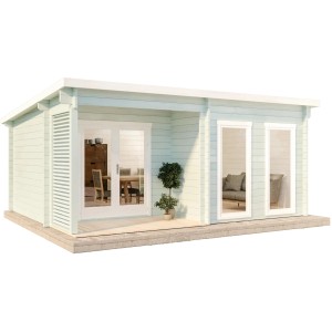 Carlsson Gartenhaus Orkus-44 mit Pultdach, imprägniert, 520x391 cm. Holz-Gartenhaus in hellgrün mit weißen Akzenten.