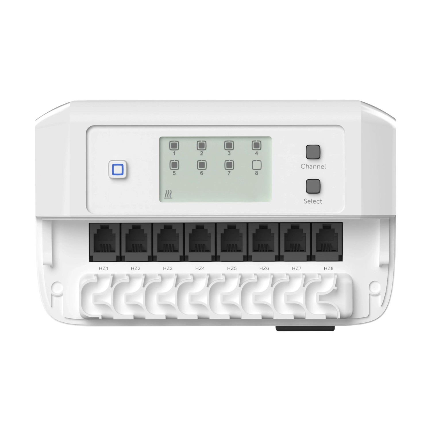 Homematic IP Fußbodenheizungscontroller FALMOT-C8, weiß, mit Display, 8 Kanälen und Anschlüssen für Hausautomation.