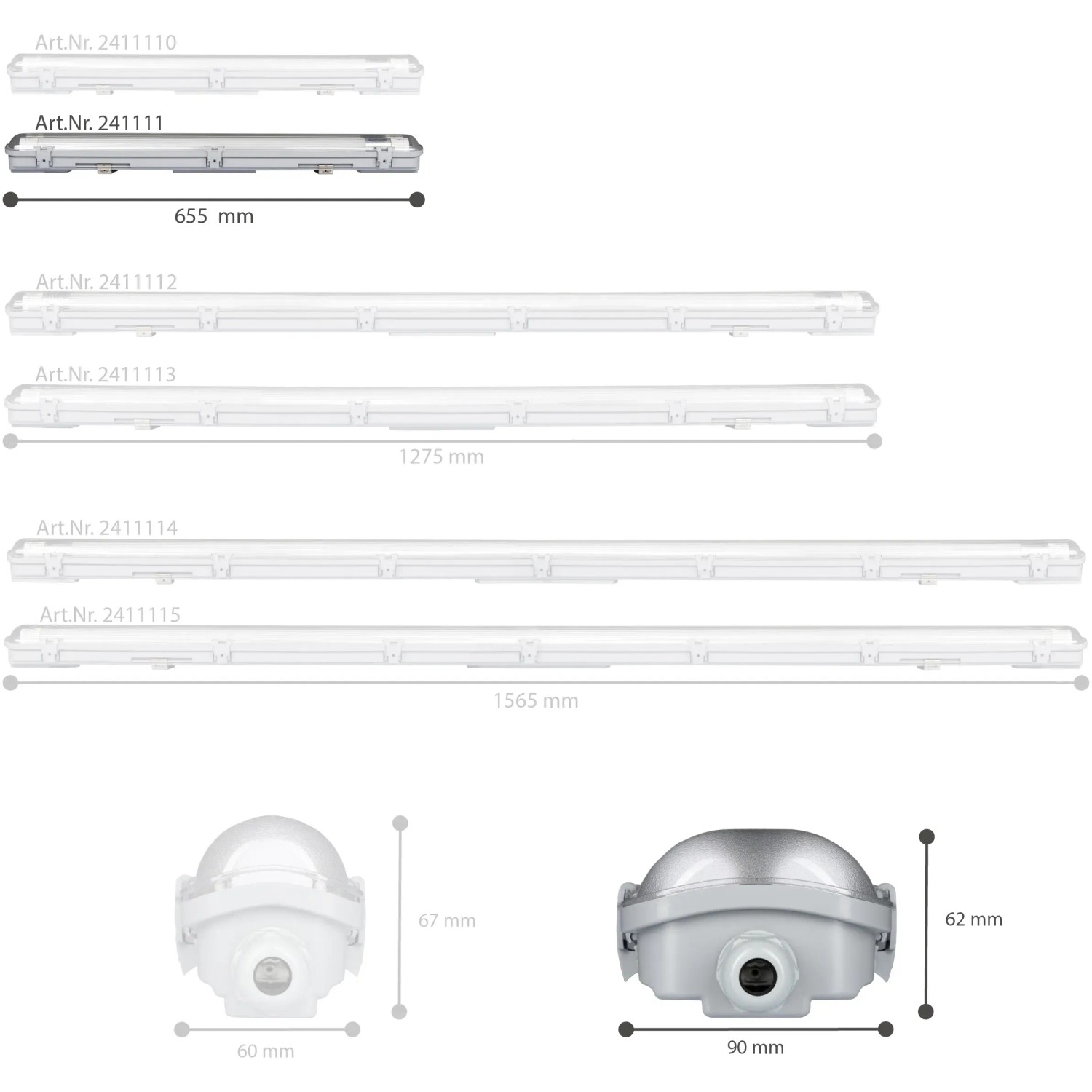 LED-Feuchtraumleuchten in verschiedenen Größen und Detailansichten.