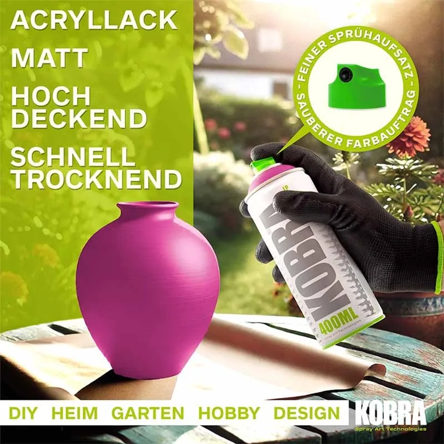 Kobra Buntlack Spray Telemagenta Pink Matt 400ml mit Vase. Acryllack für DIY-Projekte.