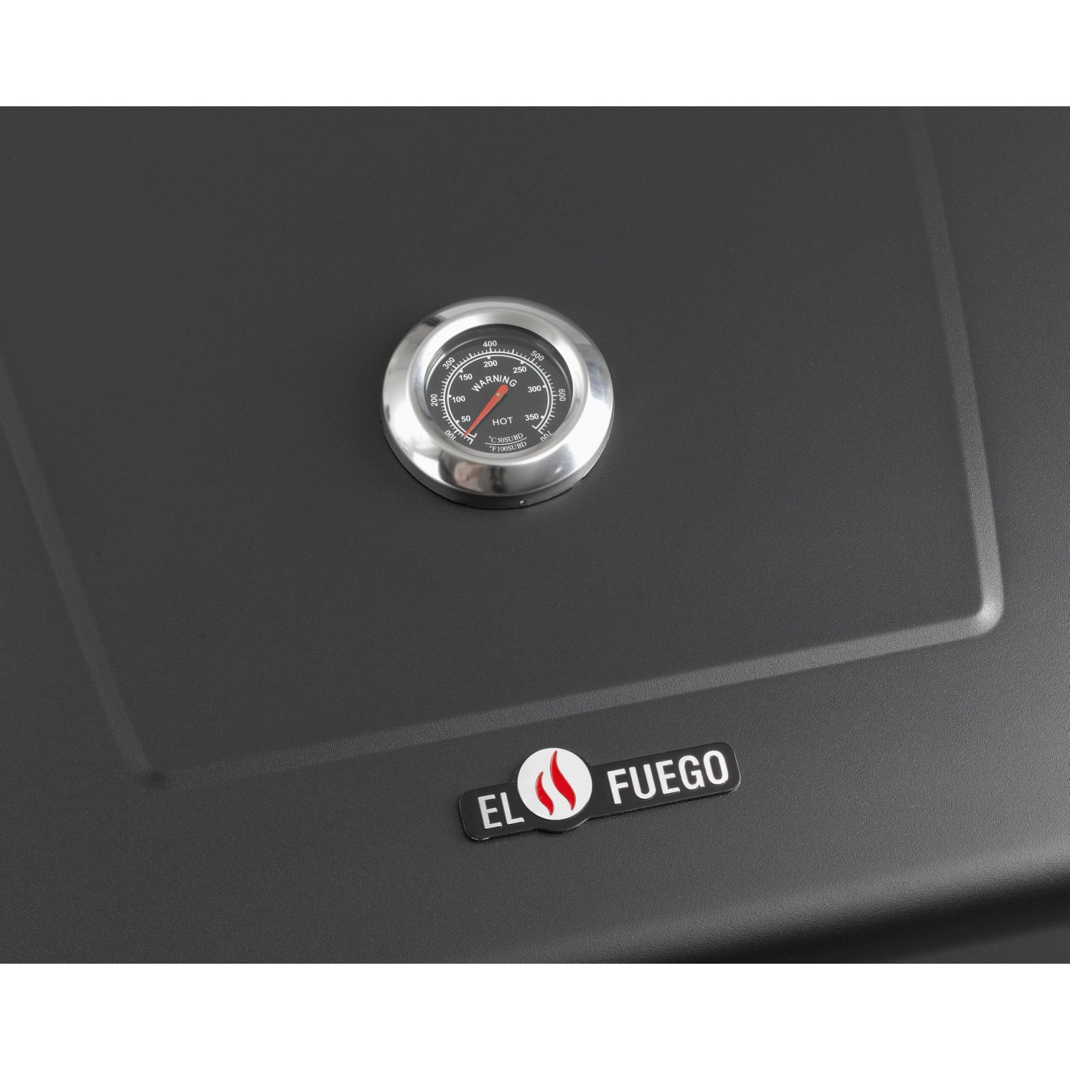 Detailaufnahme: Schwarzer El Fuego Holzkohlegrill Smoker Ontario XXL mit Thermometer.