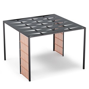 Schwarze Blumfeldt Shade Cove Vert Pergola 3x3 m mit Sichtschutz und pulverbeschichtetem Stahlgestell.