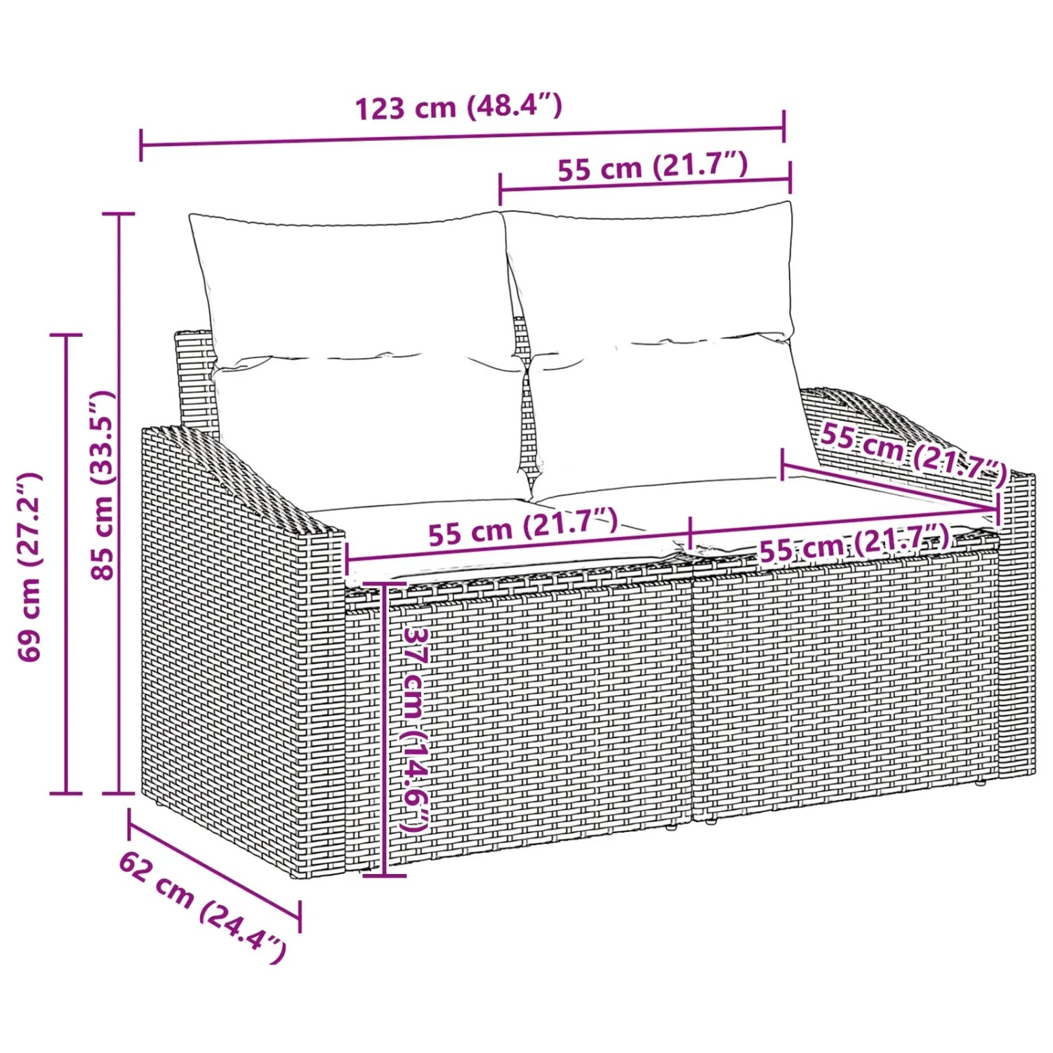 Skizze des vidaXL Garten-Sofa-Sets, 9-teilig, schwarz, Poly Rattan, mit Maßangaben.