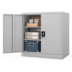 DELUKE Aktenschrank KADO, grauer Metallschrank mit 3 Ebenen, abschließbar, teilweise geöffnet.