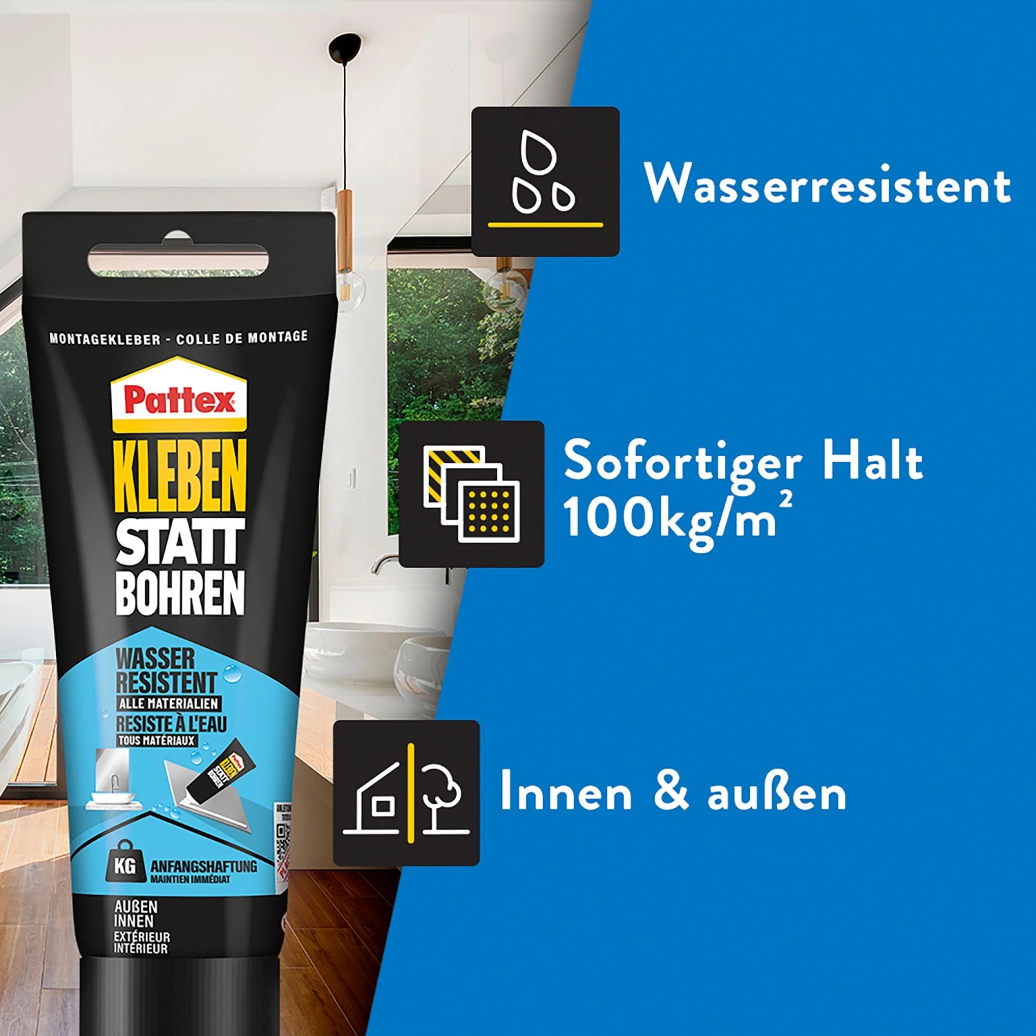 Pattex Montagekleber, wasserresistenter Baukleber für Innen und Außen, 340g Tube.