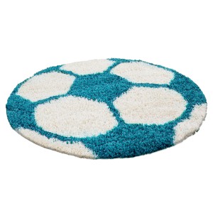 Runder Kinderteppich Ayyildiz Fun in Türkis und Weiß mit Fußballmuster, Ø 100 cm, weicher Flor für Kinderzimmer.