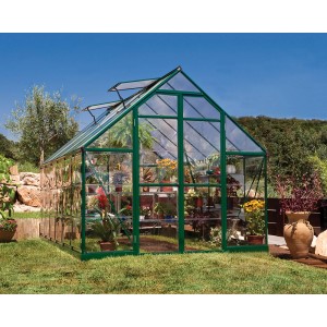 Palram Canopia Balance Gewächshaus 8x12, grüne Rahmen, klare Polycarbonat-Wände, Pflanzen im Inneren.