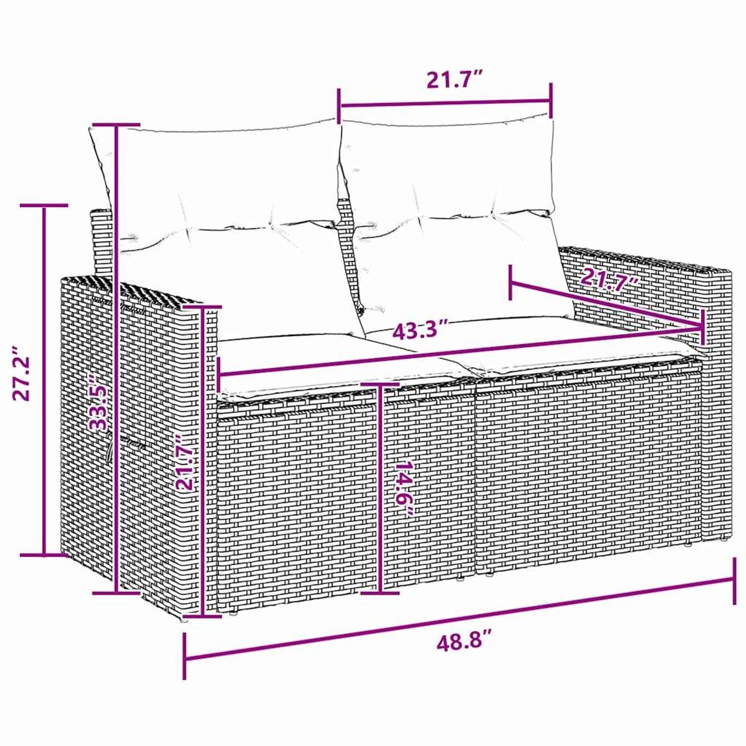 vidaXL Garten-Sofa-Set, 14-teilig, schwarz, Poly Rattan, mit Maßangaben.