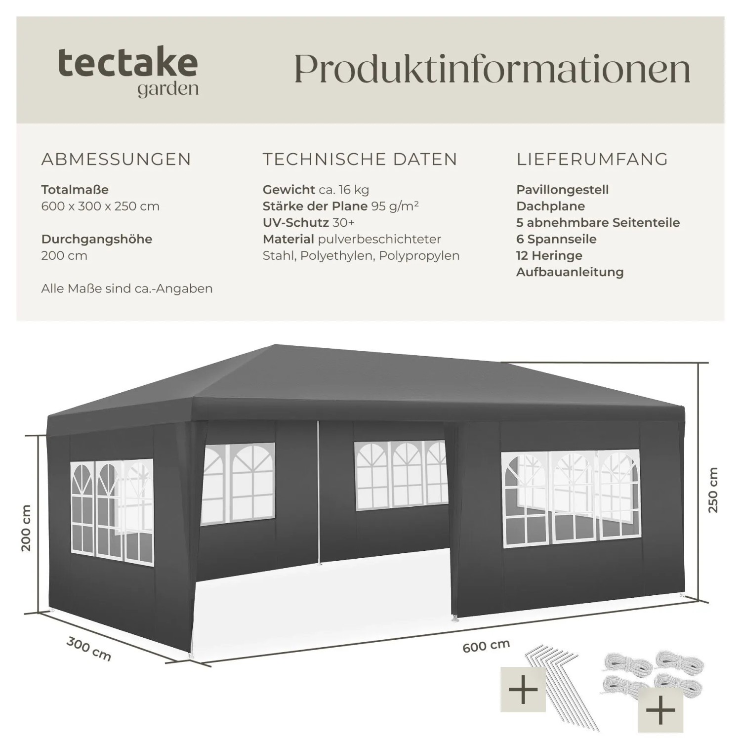 Tectake Pavillon Novara 6 x 3 M Im Stecksystem 5 Abnehmbare Seitenteile 600 x 300 x 250 cm Grau_6