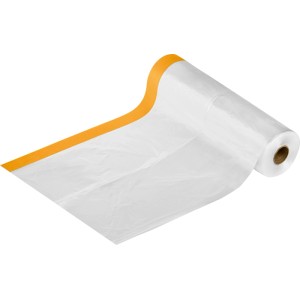 Weiße LUX-TOOLS PRO 2in1 Abdeckfolie mit orangefarbenem Washi-Klebeband, aufgerollt. Für Abdeckarbeiten.