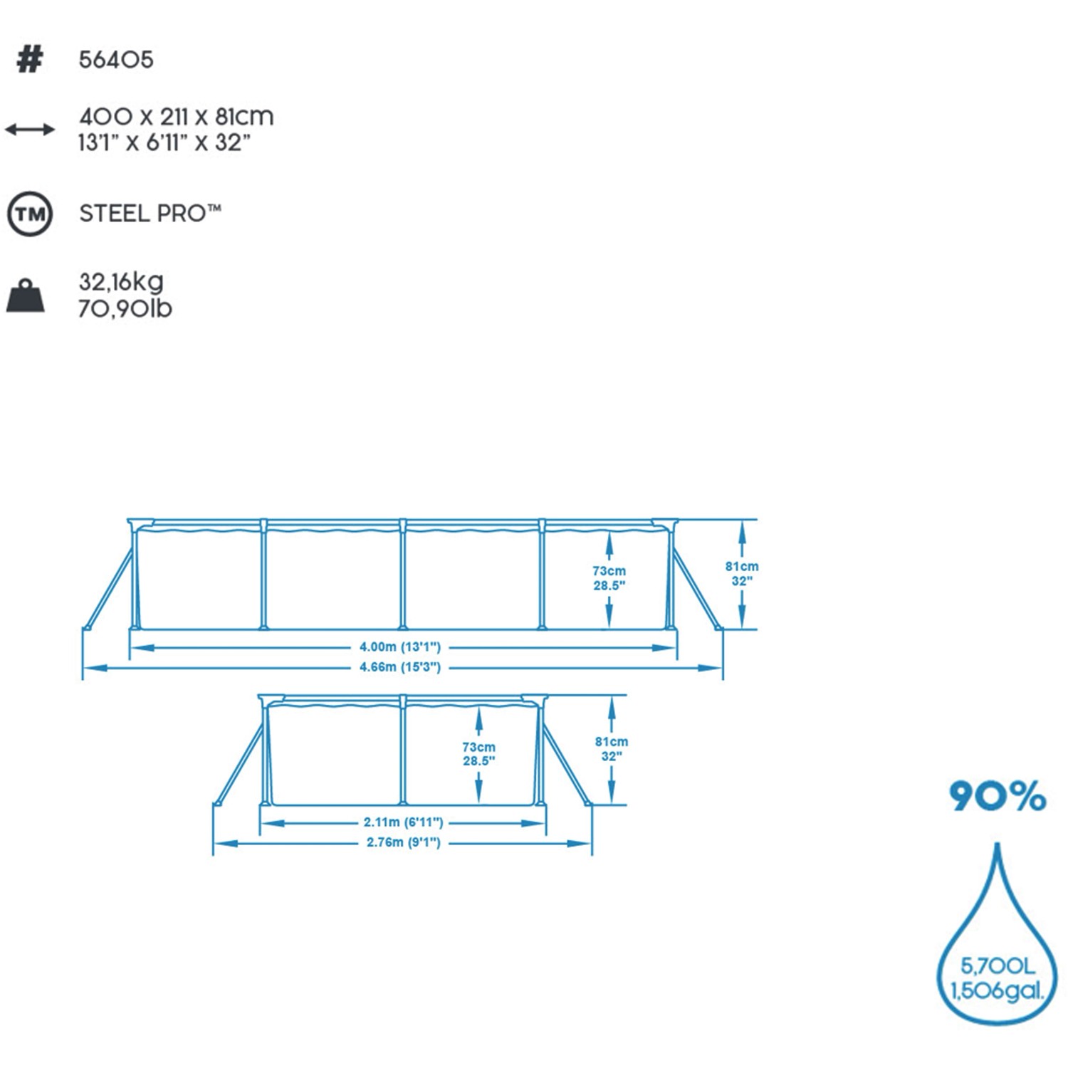 Technische Zeichnung Bestway Frame Pool Steel Pro, 400x211x81cm, Abmessungen und Füllmenge.