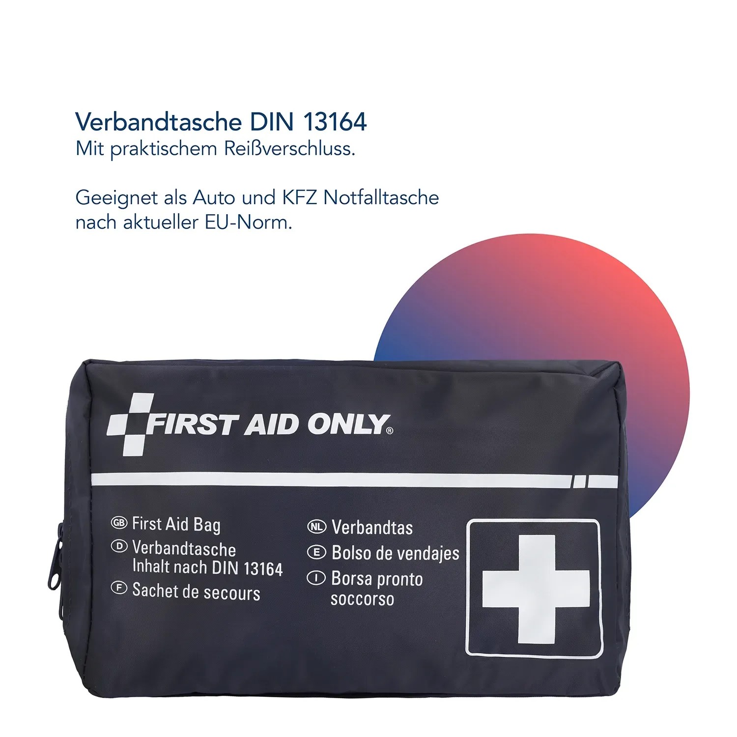 Dunkelblaue First Aid Only Verbandtasche DIN 13164 für Kfz mit weißem Kreuz.