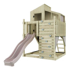 OutdoorToys Stelzenhaus Komet in Altrosa mit Rutsche und Kletterwand.