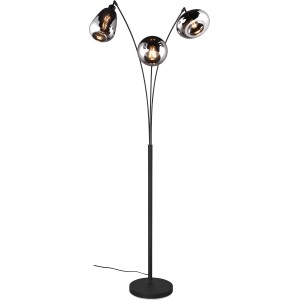 Schwarze Trio Stehleuchte Lumina mit 3 Chrom-Glasschirmen für Wohnraum.