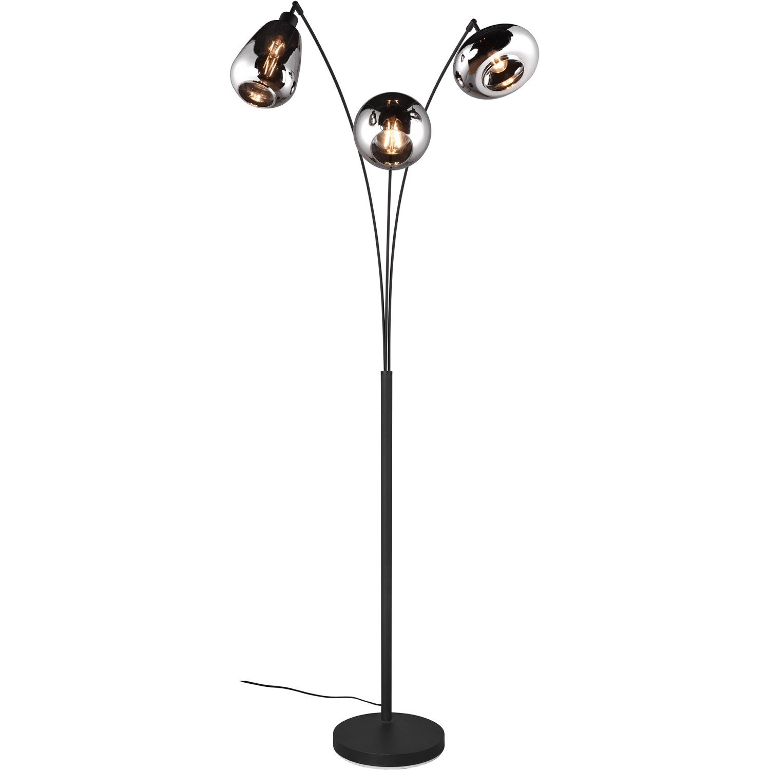 Schwarze Trio Stehleuchte Lumina mit 3 Chrom-Glasschirmen für Wohnraum.