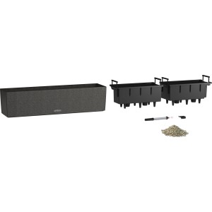 Lechuza Balconera Stone 80, graphitschwarzer Blumenkasten mit Bewässerungssystem und Pflanzeinsätzen.