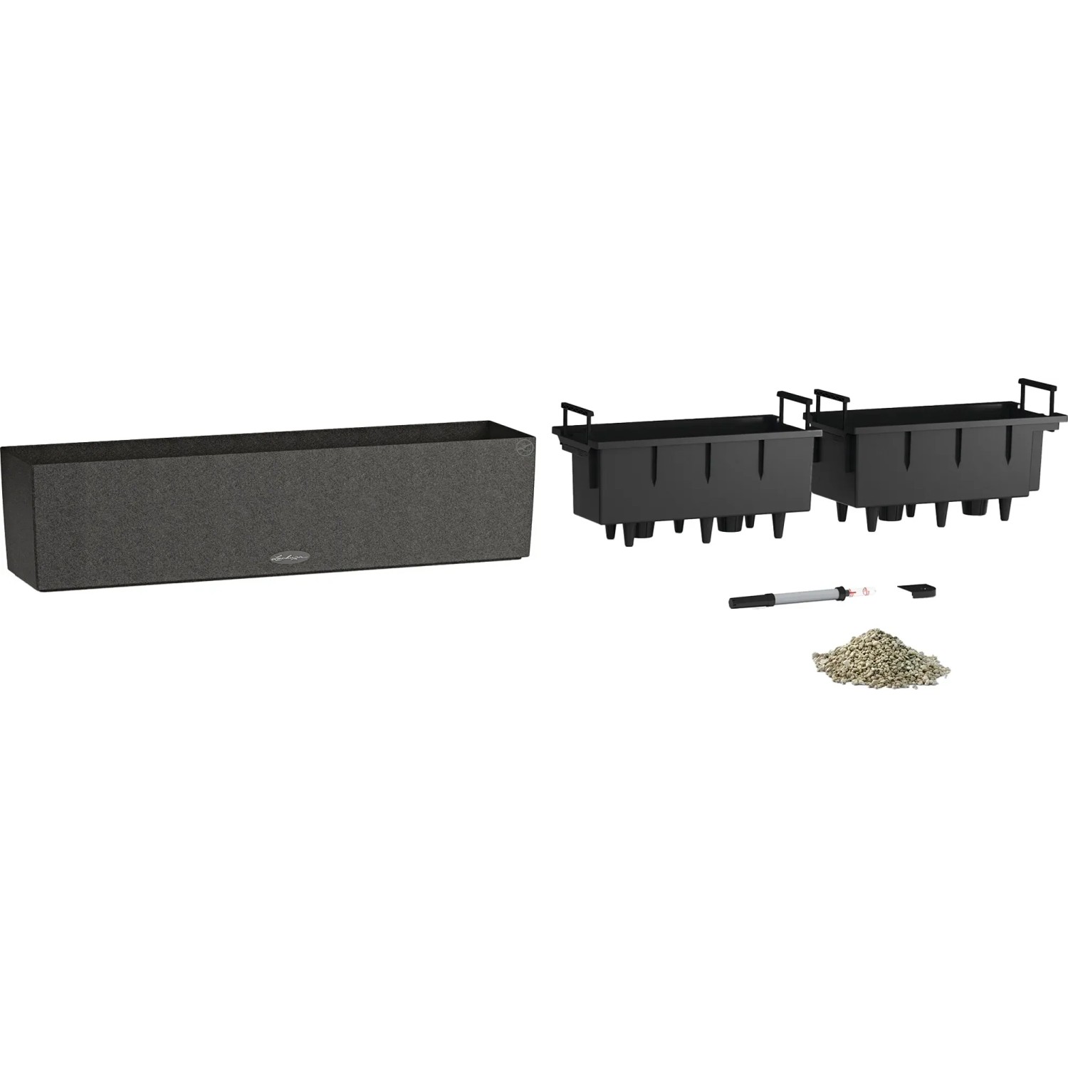 Lechuza Balconera Stone 80, graphitschwarzer Blumenkasten mit Bewässerungssystem und Pflanzeinsätzen.