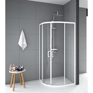 Aurlane Glasdusche Factory Rund, weiße Profile, 90x90x200 cm, mit Schiebetüren.