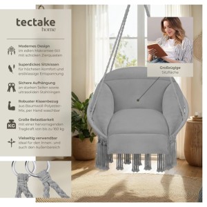 Grauer Tectake Hängesessel Samira mit Kissen und Zierquasten, geeignet für Innen- und Außenbereich.