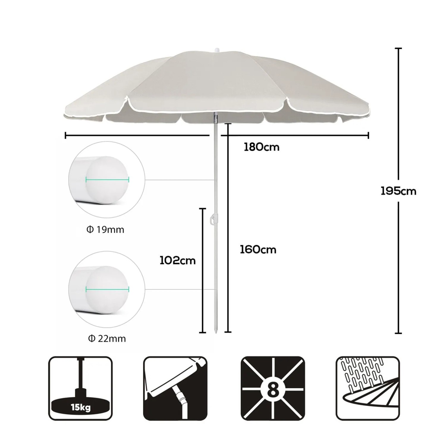 Sekey Sonnenschirm 180 cm Balkonschirm Rund Strandschirm Sonnenschirm mit Schutzhülle_5