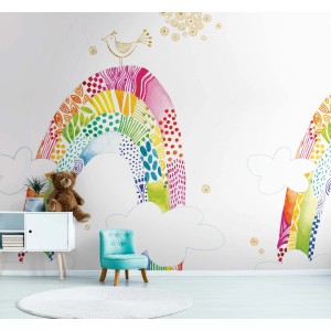 Bricoflor Vliestapete The Wall II 392151 mit buntem Regenbogen und Wolken im Kinderzimmer.