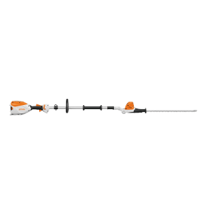 Stihl Akku-Heckenschneider HLA 66, orange-grau, mit langem Stiel und verstellbarem Messerbalken für hohe Hecken.