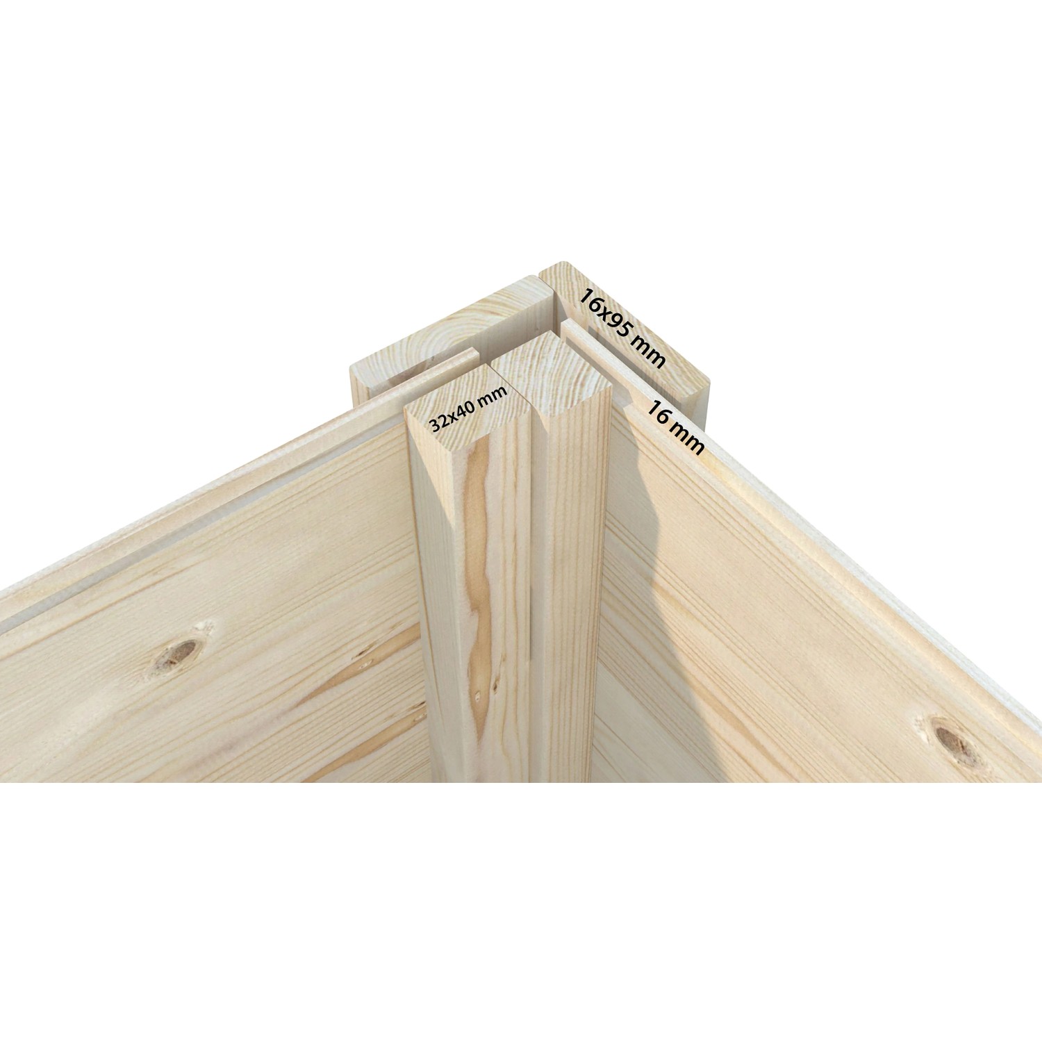 Detailaufnahme der Eckverbindung des Palmako Dan Holz-Gartenhauses, die die Holzstärke zeigt.