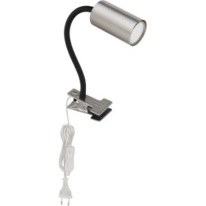 Nickel-matte Klemmleuchte Robby mit flexiblem Arm und schwarzem Kabel.